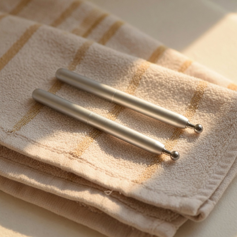 Silver microcurrent wands on a towel.